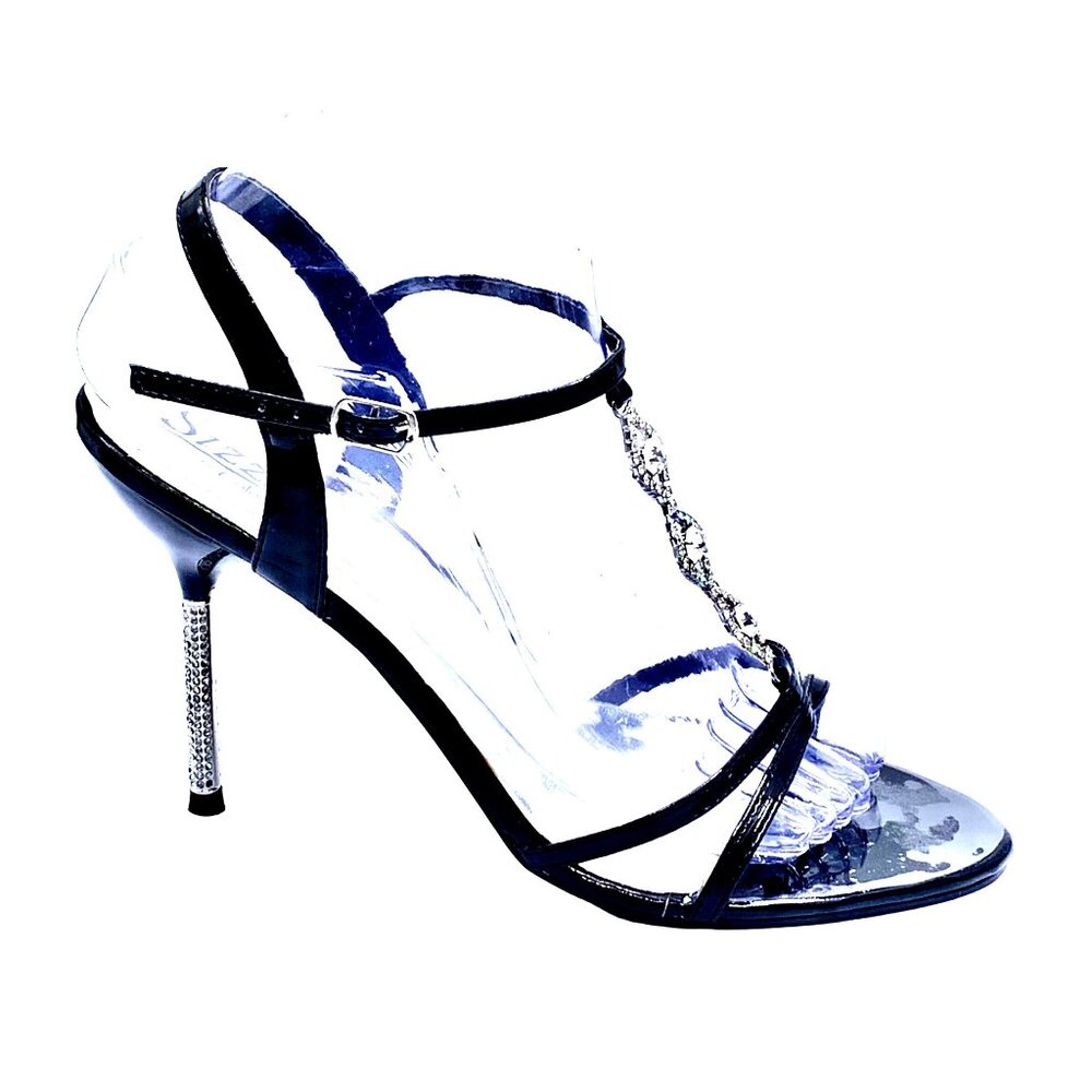 Black Rhinestone Stiletto Heels T- Strap Design Crystal Embellishments Size 7.5